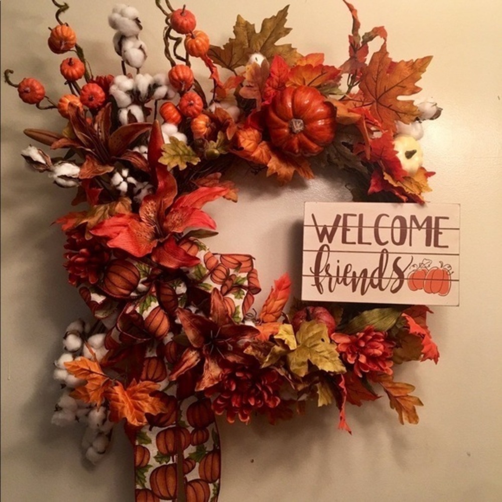 New Fall Floral Farmhouse Cotton Pumpkin Designer Door Wall Wreath